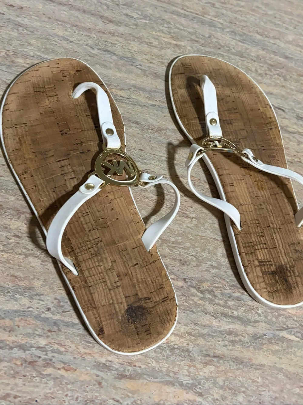Michael Kors White and Gold Cork-Style Logo Thong Sandals